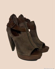 Load image into Gallery viewer, All Saints Peep Toe Olive Green Suede Platform Sandals Size 37