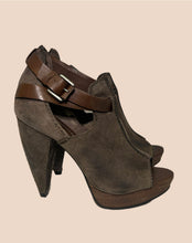 Load image into Gallery viewer, All Saints Peep Toe Olive Green Suede Platform Sandals Size 37