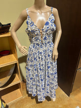 Load image into Gallery viewer, Caroline Constas Peacock Patterned Blue and White Sundress Size M