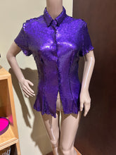 Load image into Gallery viewer, Trashie! Vintage Purple Sequin Button Up Party Top/ Shirt Size S