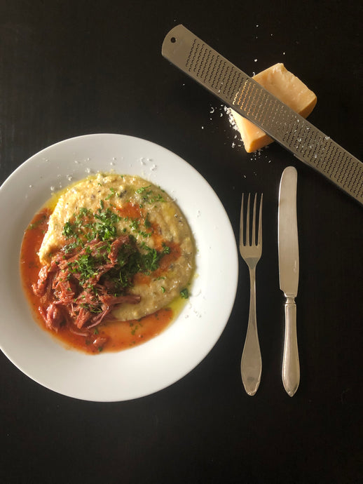 Slow Cooked Tomato  Pulled Pork with Creamy Mushroom Polenta