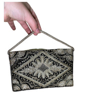 Load image into Gallery viewer, Antique Beaded Black and Silver Velvet and Satin Hand Bag
