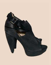 Load image into Gallery viewer, All Saints Peep Toe Black Suede Platform Sandals Size 37
