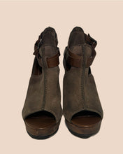 Load image into Gallery viewer, All Saints Peep Toe Olive Green Suede Platform Sandals Size 37
