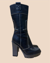 Load image into Gallery viewer, YSL Boot with Patchwork Contrast Stitching Black Leather Booties
