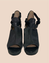 Load image into Gallery viewer, All Saints Peep Toe Black Suede Platform Sandals Size 37
