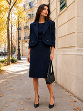 Load image into Gallery viewer, Zenobia Navy Blue Tweed Suit (Blazer and Dress) Size 6
