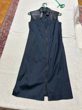 Load image into Gallery viewer, Vintage Ralph Lauren Blue Pinstripe Wool and Black Leather Collar Navy Pinstripe Dress Size S/M

