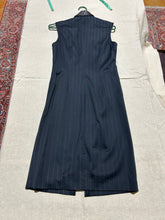 Load image into Gallery viewer, Vintage Ralph Lauren Blue Pinstripe Wool and Black Leather Collar Navy Pinstripe Dress Size S/M

