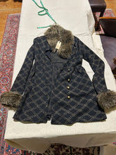 Load image into Gallery viewer, Betsey Johnson Fur Collar Black Patterned Jacket Size M
