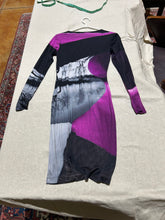 Load image into Gallery viewer, Mary Katrantzou Graphic Longsleeve Dress Purple and Gray Size M

